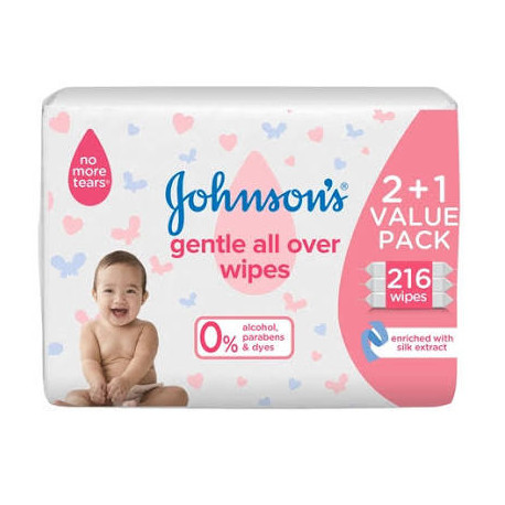Johnson's Gentle All-Over Wipes (2+1 Pack) – 3 x 216 Wipes
