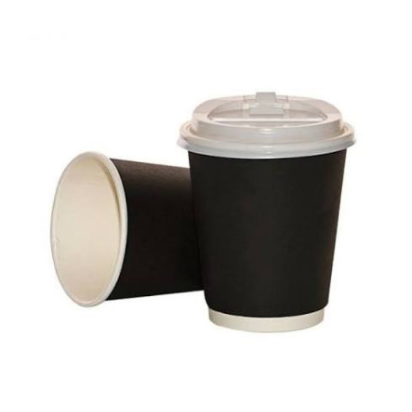 8 oz Black Double-Wall Cappuccino Cups with White Lids (Pack of 20 x 50)